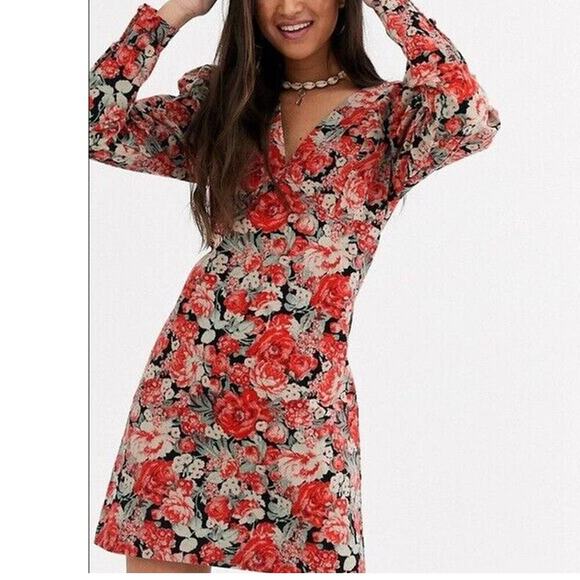 Free People Womens Kapowski Mini Dress Pink Rose Floral Long Sleeve Zip Up 6 New - Picture 1 of 7